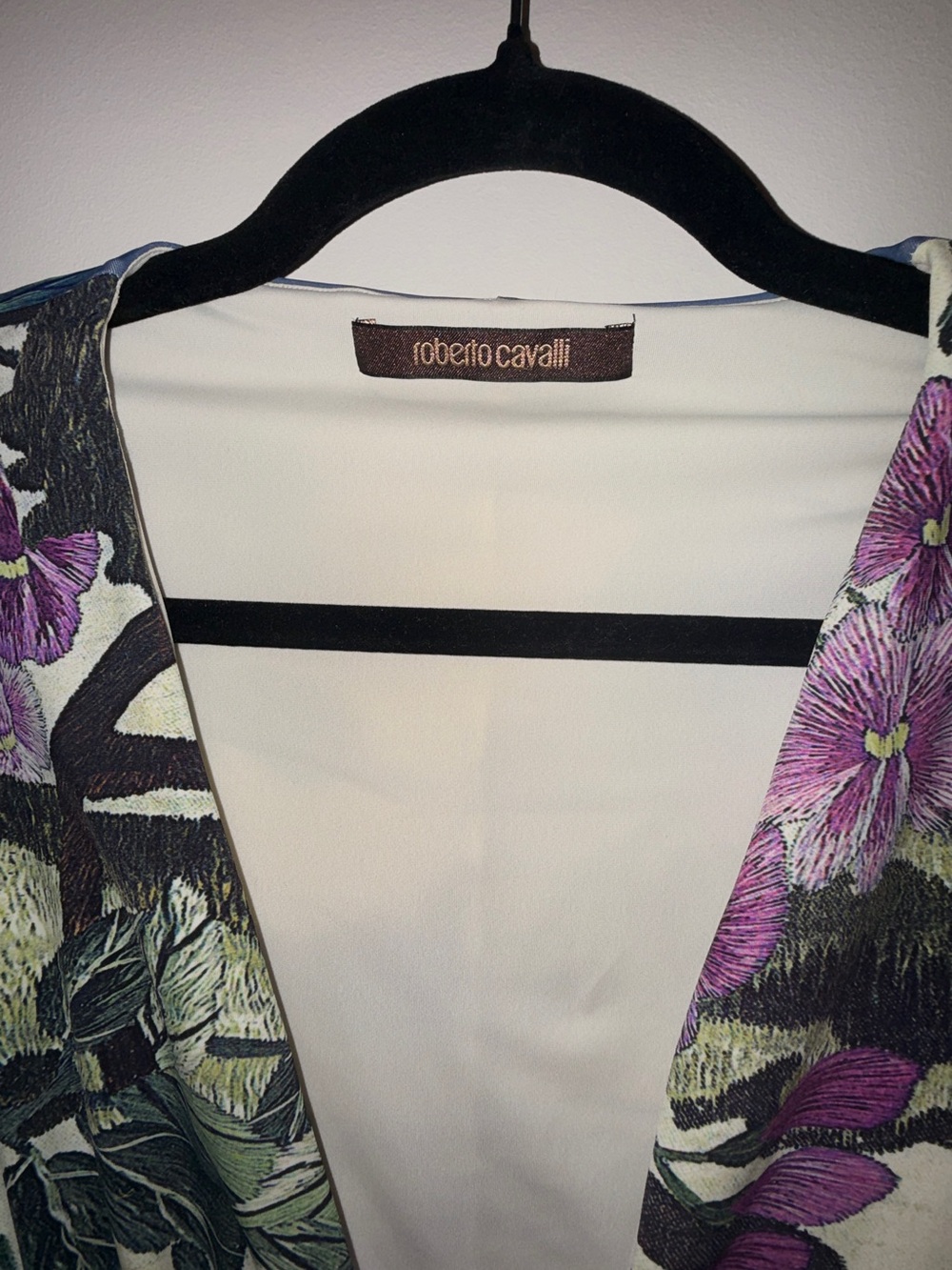 Roberto Cavalli Floral V-Neck Maxi Dress in Ivory, Navy and Purple - Picture 2 of 9